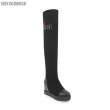 Shiningthrough сапоги до колена зимняя женская обувь элегантные полусапожки на высоком каблуке без шнуровки Модные женские высокие ботинки Размеры 34–43