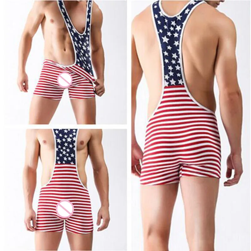 

New 2019 Sexy Bodysuit Men Wrestling Singlet Teddy Lingerie Bodysuit American Flag Print Mens Fitness Sports Plus Size Lingerie