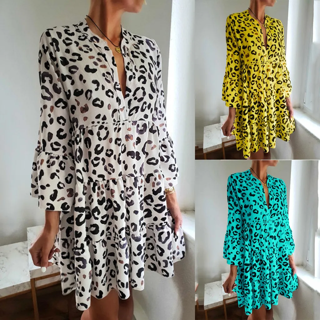 

2019 Summer Sexy Fashion Women V-Neck Three Quarter Flare Sleeve Leopard Print Draped Mini Dress vestidos vestido robe femme