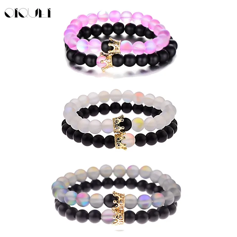 

OIQUEI 2PCS/Set Couple Distance Bracelets For Women Men Black Crystal Colorful Stone Beads Charm Lovers Bracelet Bangles Jewelry