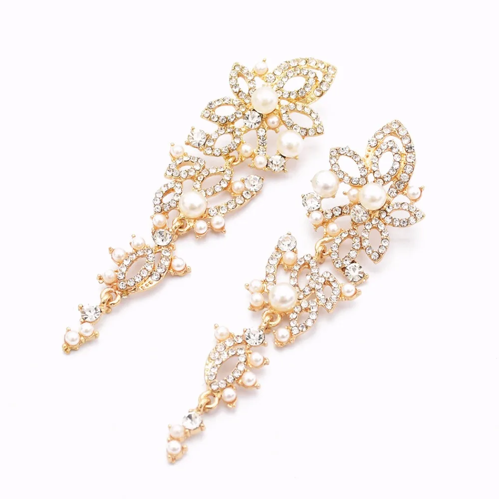 

Simulated Pearl Geometric Wedding Earrings for Women Gold Color Crystal Bridal Long Earrings Fashion Statement Party Jewelry