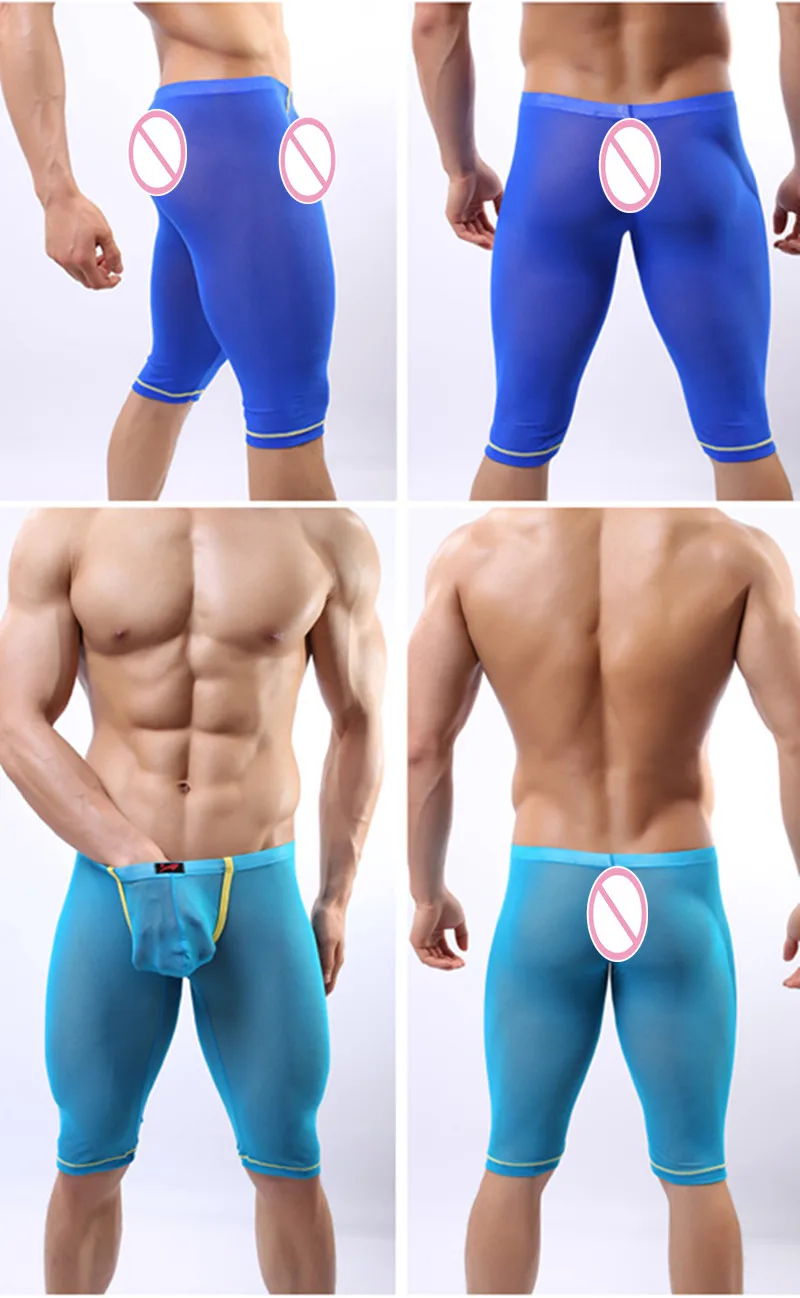 Men's Underwear Boxers Sexy Mesh Gauze Sleep Bottoms Men's High Elasticity Thin Sleepwear Comfy Slip Leggings Sexy Pajamas silk sleepwear