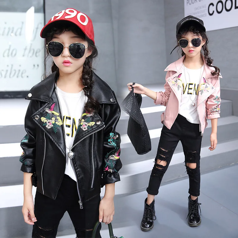 3-12 Years Children Girl Clothing Faux Leather Jacket Fashion Turn Collar Zipper Embroidered Birdie PU Leather Coat For Girls 3-12 Years Children Girl Clothing Faux Leather Jacket Fashion Turn Collar Zipper Embroidered Birdie PU Leather Coat For Girls