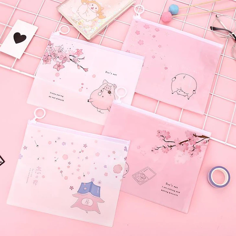 

1 Pcs Cartoon Animal Pink Sakura Cherry Pig Transparent PVC Document Bags File Folder Stationery Organizer Receipt Bill Bags