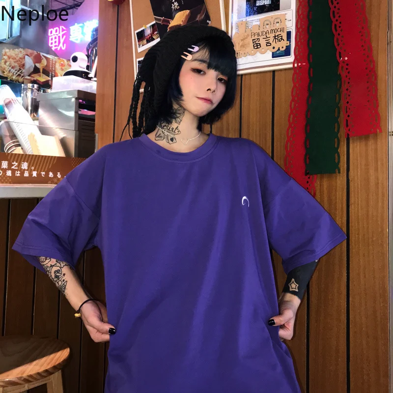 Neploe Harajuku футболка для женщин летние хлопковые Винтаж Вышивка уличный с короткими