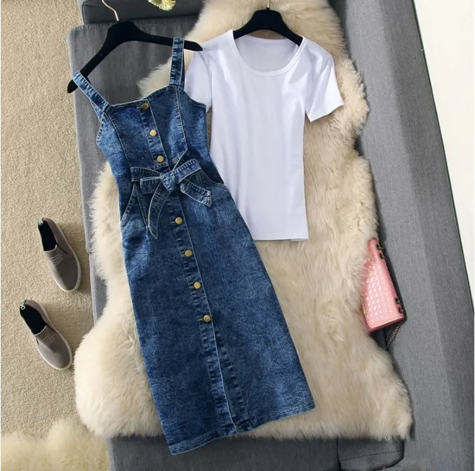 Wholesale Price bN0hz 2019 New Spring and Summer Student Girls Simple White T shirt + Strap Single Breasted Denim Dress Two piece Women's Dress Set Wholesale Price bN0hz 2019 New Spring and Summer Student Girls Simple White T shirt + Strap Single Breasted Denim Dress Two piece Women's Dress Set