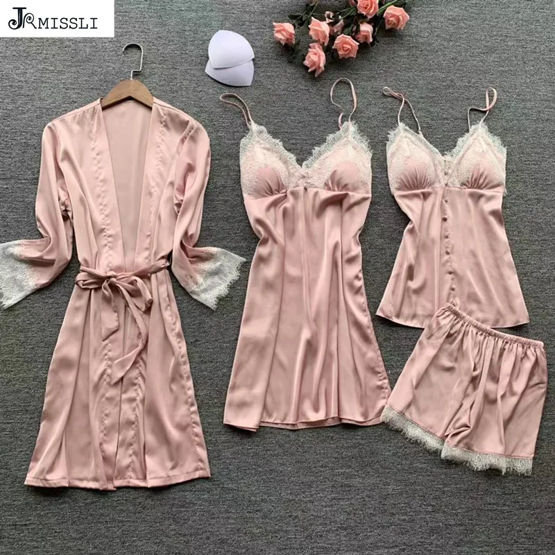 JRMISSLI/роскошные женские пижамы из шелка и кружева пижамный комплект 4 предметов