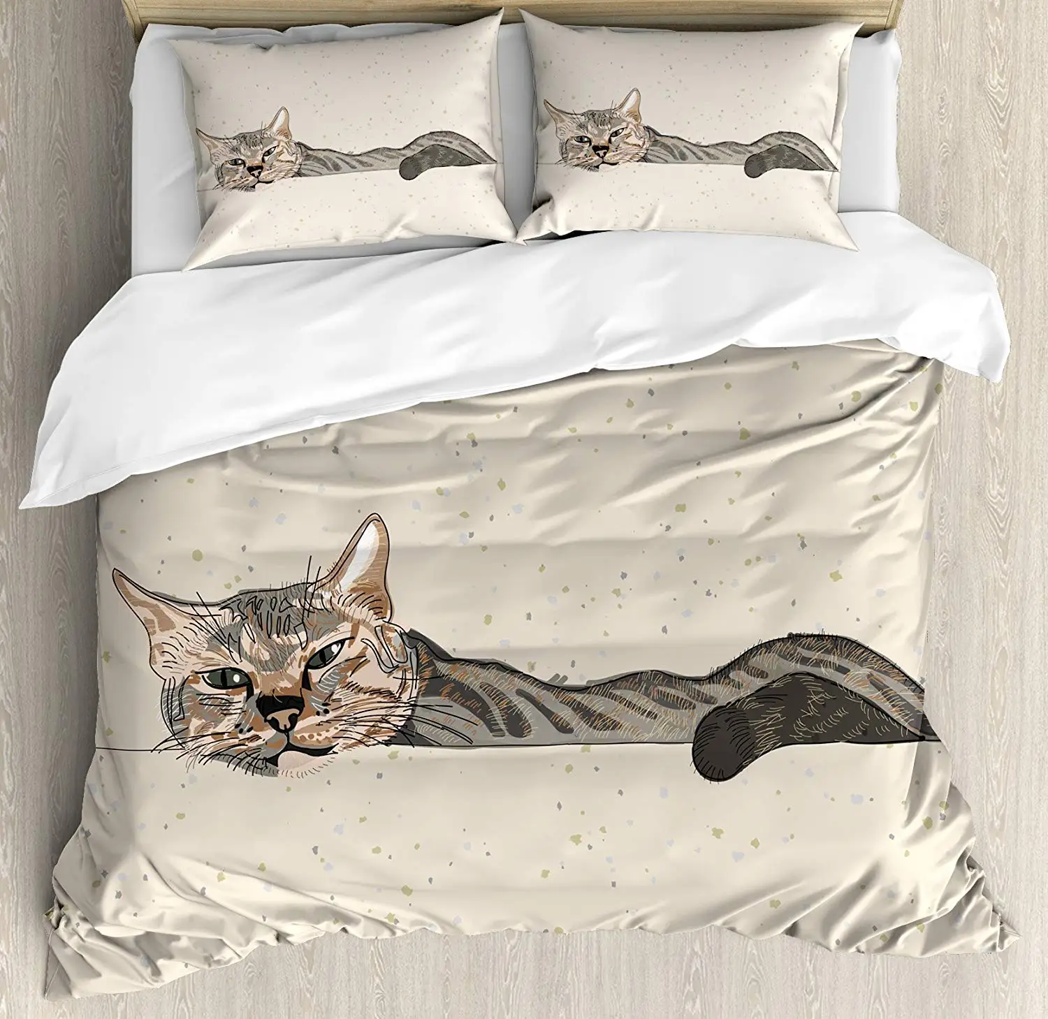 

Cat Duvet Cover Set King Size Lazy Sleepy Cat Figure in Earth Tones Cute Furry Mascot Indoor Pet Art Illustration Bedding Set