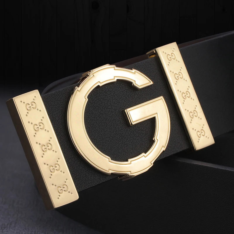 High Quality G letter Slide buckle leather genuine belts men fashion luxury brand Cowskin Waist Strap Casual cintos masculin