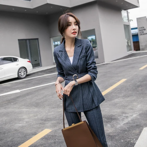 2018 Autumn Stripped Thicken Material Temperament Small Fashion Professional Office Lady Elegant Belt Fasten Women Suit Femme