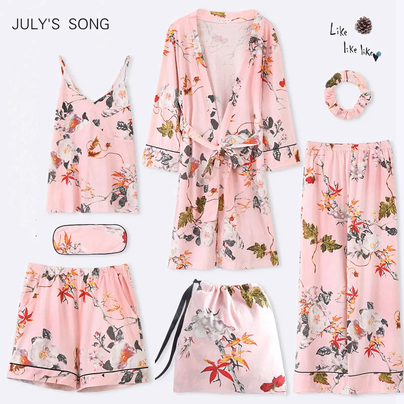 

JULY'S SONG 7 Pieces Pajama Set 2019 Autumn Winter Cotton Elegant Women Pajamas Full Shorts Soft Nightwear Sexy Robe Sleepwear
