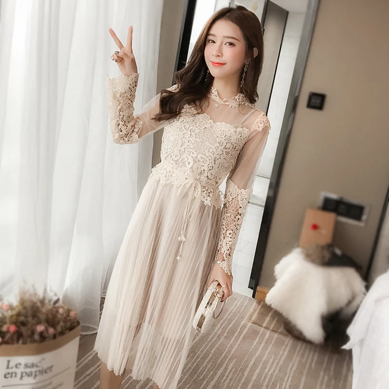 

Summer Women Lace Dress Women Long Sleeve Fairy Dresses Slim Perspective Gauze Sexy Princess Party Dress Fairy