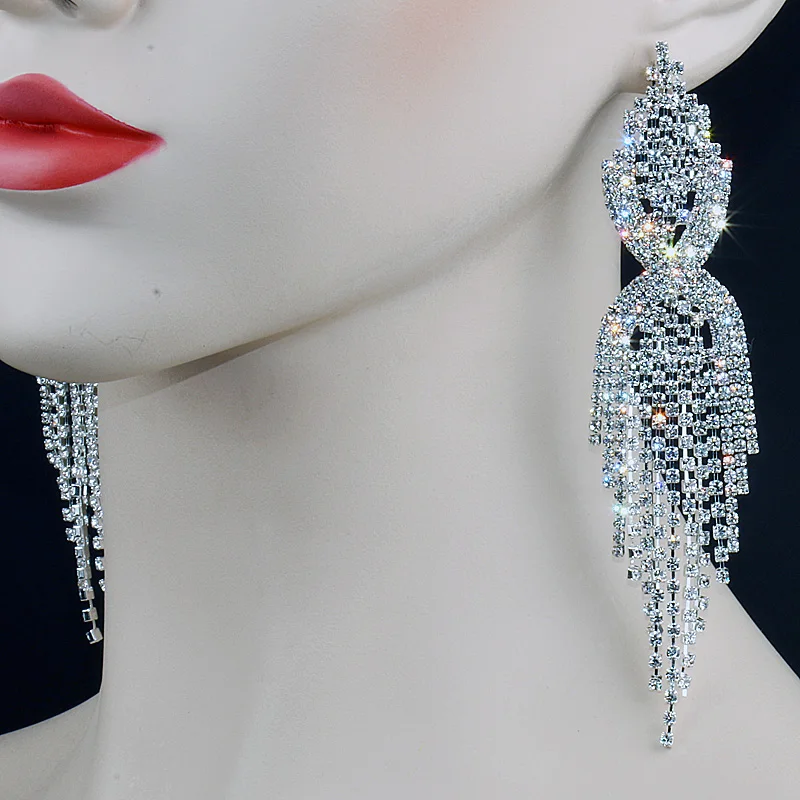 CHRAN Classic Silver Plated Rhinestone Chandelier Dangle Long Tassel Drop Earrings for Women Exaggerated Bridal Jewelry Accessor