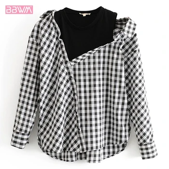 

2019 summer new irregular off-the-shoulder stitching black white check casual shirt women Stitching fake two-piece round neck