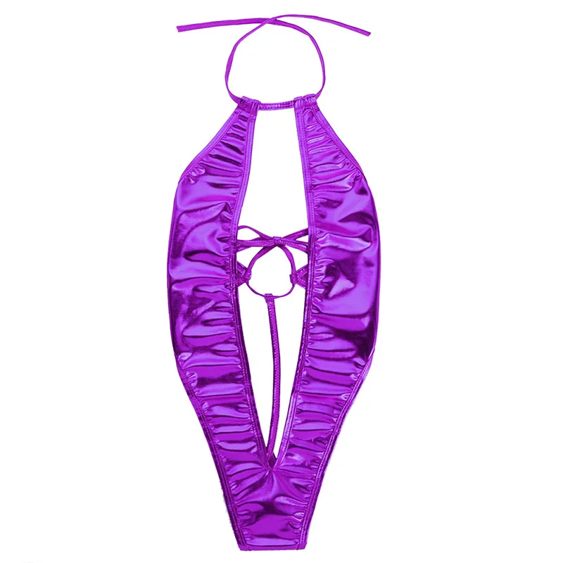 Женские комбинезоны из лакированной кожи, Цельный купальник с глубоким v-образным вырезом, боди с открытой спиной, боди - Цвет: Фиолетовый