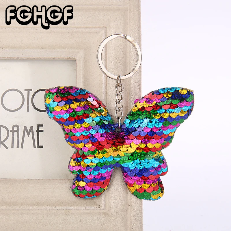 

FGHGF new colorful small butterfly key chain shiny reflective cartoon lovers bow key chain ladies bag personalized car key ring