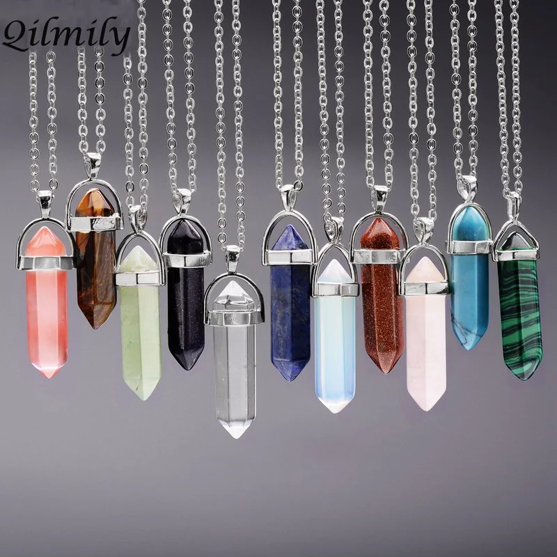 

Hexagonal Natural Stone Pendant Necklace Pink Crystal Necklaces Druzy Gem Stone Statement Pendants In Jewelry Collares