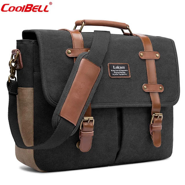 CoolBELL Men Laptop Messenger Bag Vintage Genuine Leather Canvas Handbag 15.6 Inch Laptop Bag Shoulder Bag Briefcase For Travel