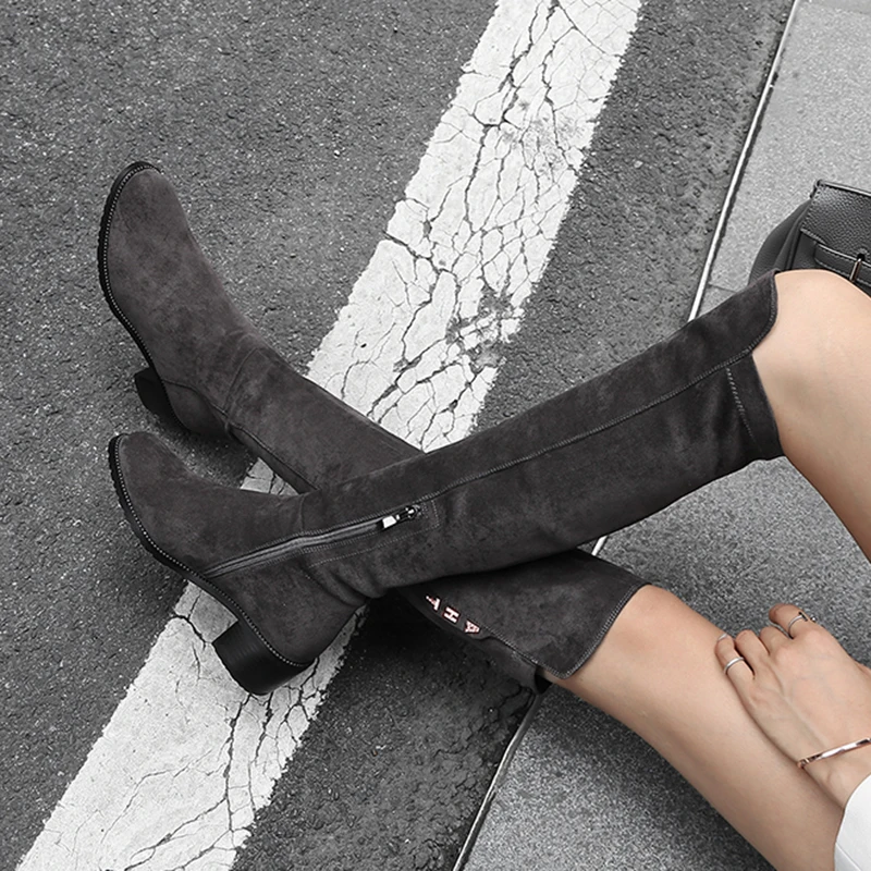 

2018 New Natural Suede Leather Women Booties Handmade Fashion Knee High Boots For Lady Soft Autumn Winter Female Letter Shoes