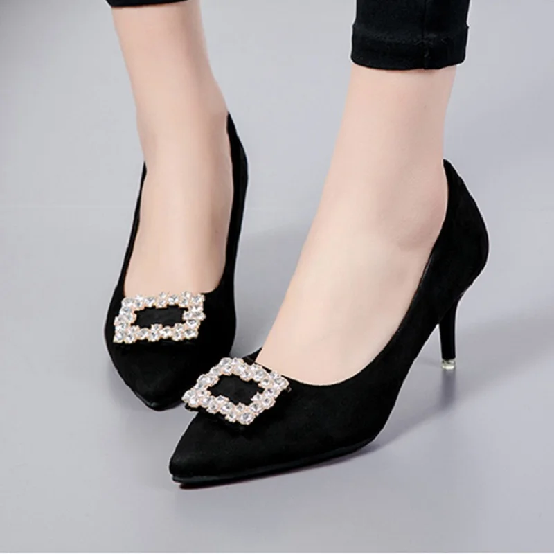 

2018 autumn new high-heeled pointed matte stiletto rhinestone low to help shallow mouth single shoes black ljj 1024