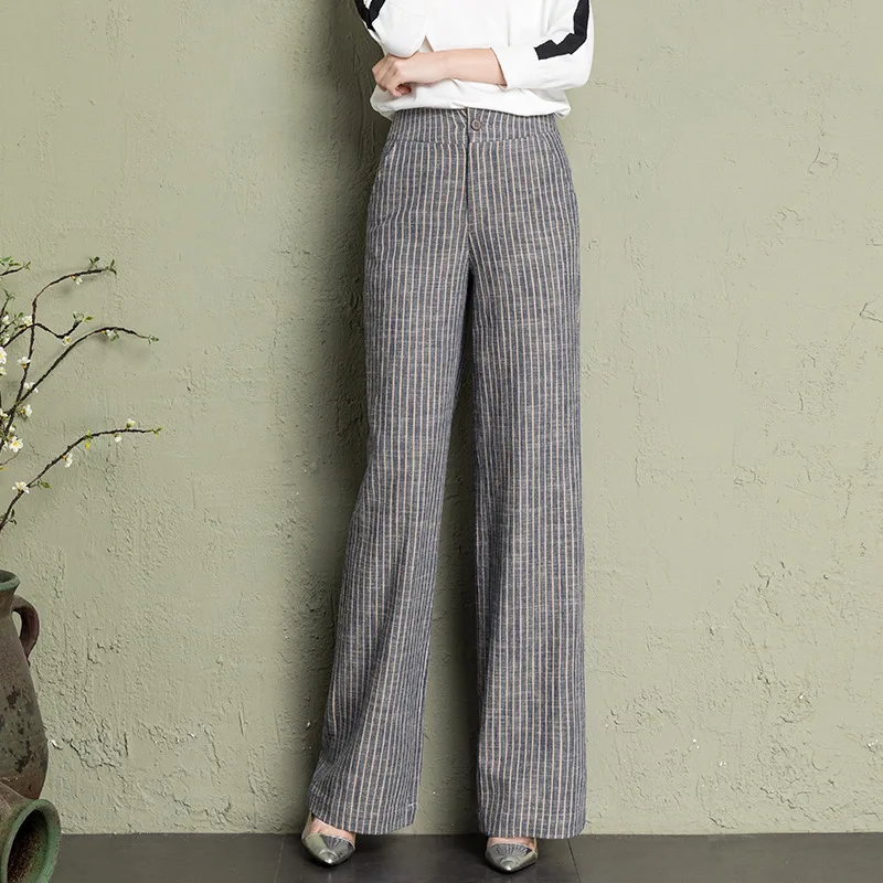 summer Women's Striped High Waist Wide Leg Pants OL Style Loose Cotton linen Long Pants Casual Women Trousers summer Women's Striped High Waist Wide Leg Pants OL Style Loose Cotton linen Long Pants Casual Women Trousers
