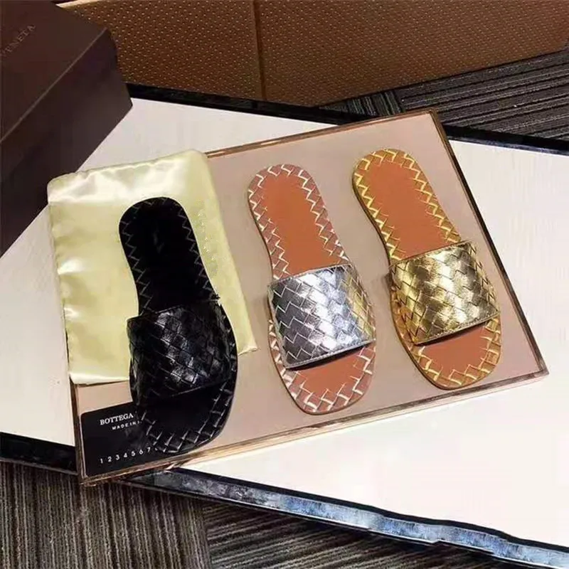 Fashion Woman Weave Slipper Black Gold Silver Cool Summer Women Beach Flat Slides Casual Slippers Sexy Open Toe Ladies Shoes