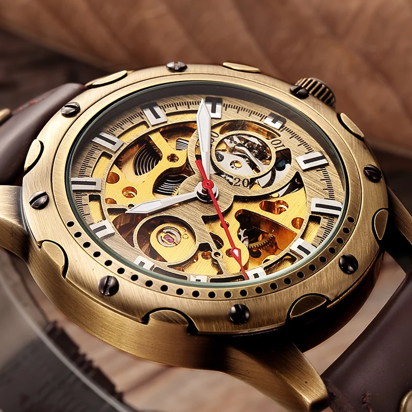 Retro Bronze Skeleton Mechanical Watch Men Automatic Watches Sport Luxury Top Brand Leather Watch Relogio Masculino Male Clock retro bronze bezel skeleton steampunk automatic watches mens sports clock luxury top brand vintage leather mechanical wristwatch
