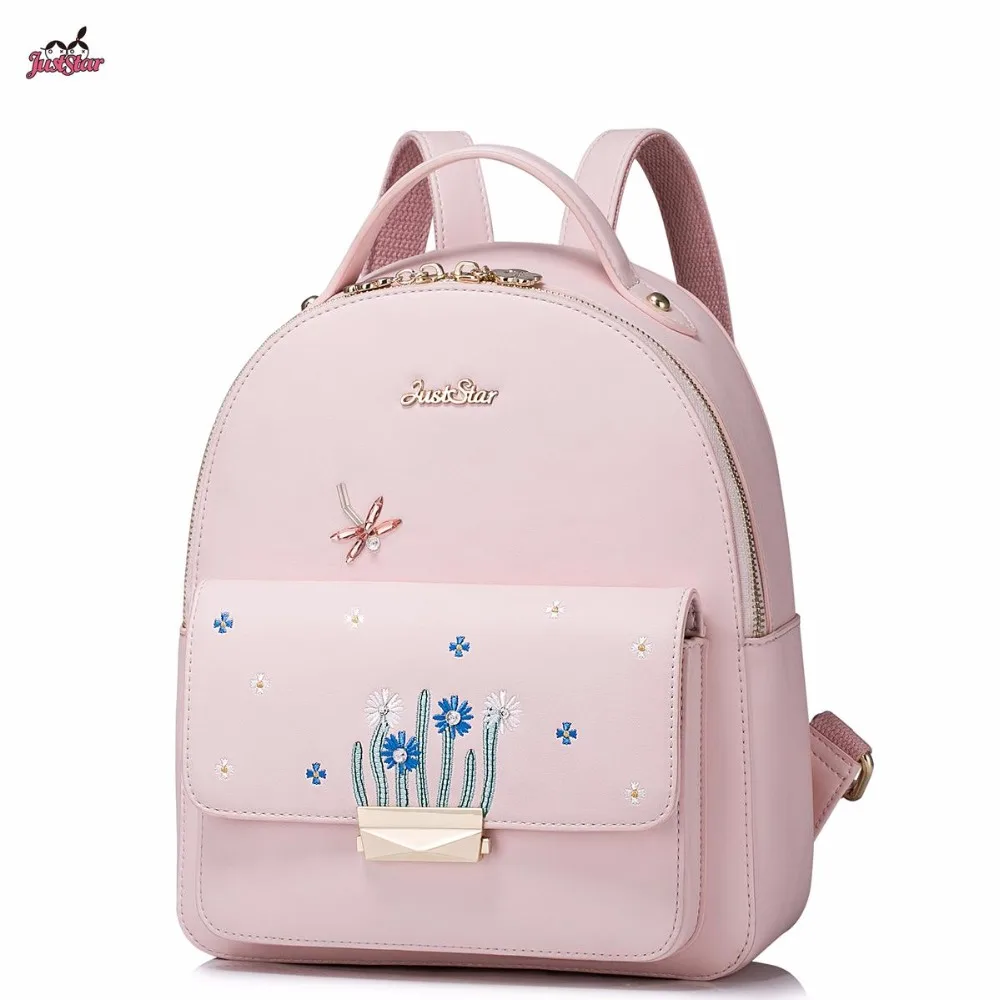 

2017 New Just Star Brand Design Plants Embroidery Dragonfly PU Women Leather Ladies Girl Backpack Shoulders School Travel Bags
