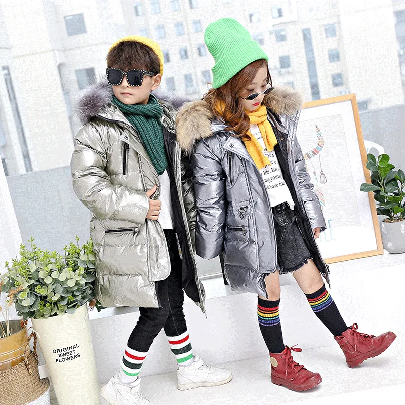 

2018 New Children High-end Down Jacket Winter 95% White Duck Down Clothes Hoodie Big Nature Fur Overcoat Kids Thicken Snowsuit