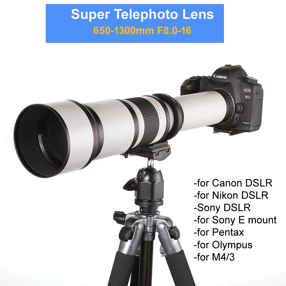 Фотообъектив с ручным зумом 650 1300 мм и адаптером T2 для DSLR Canon Nikon Pentax Olympus M4/3 Sony A6300 A7