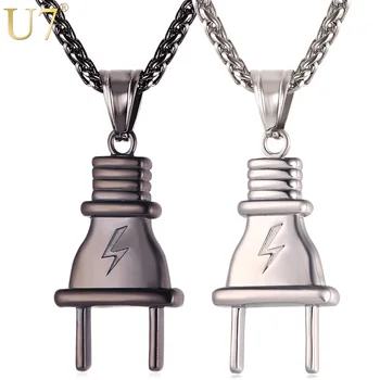 

U7 Hip Hop Big Plug Pendant Necklace For Men/Women Black Stainless Steel Rope Chain 2017 New Kpop Jewelry Hot Product P1013