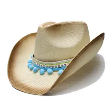Богемский стиль женские мужские летние соломенный с широкими полями Пляж Западная пастушка Федора Ковбой шляпа Помпон Мяч плетеный ремень(один размер 58 см