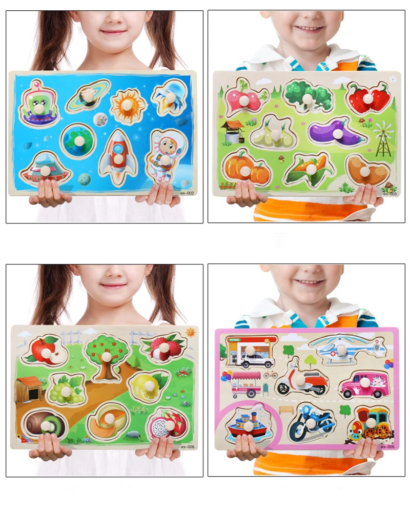 Baby Puzzle Toys Wooden Jigsaw Hand Grab Board Set Educational Toys for Children Cartoon Vehicle Marine Animal Jigsaw Child Gift