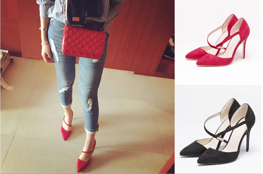 

New Fashion Woman Sexy Pumps Charming Red Black High Heels Office Lady Outfit Pointed Toe Concise Slip On Thin Heels Pumps