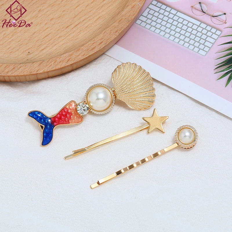 

2019 Summer New Mermaid Tail Hairgrips Set Women Korean Graceful Pearl Star Shell Hair Pins Clips Fashion Girls Leisure Ornament