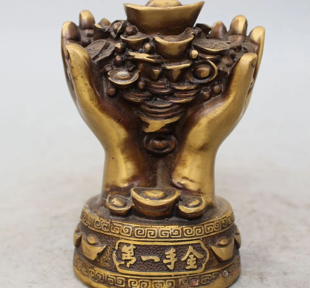 

6" Marked Chinese Dynasty palace Bronze Money Mammon Arm Hand Statue