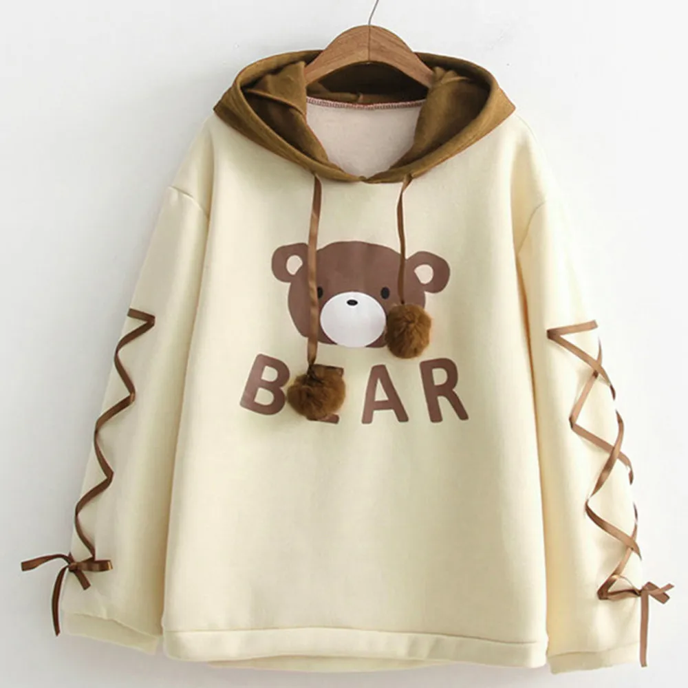 JAYCOSIN Women Sweatshirt Casual Wear Bear Cap Top Long Sleeve With A Ribbon Hair Ball Cute hoodies women plus size top fashion