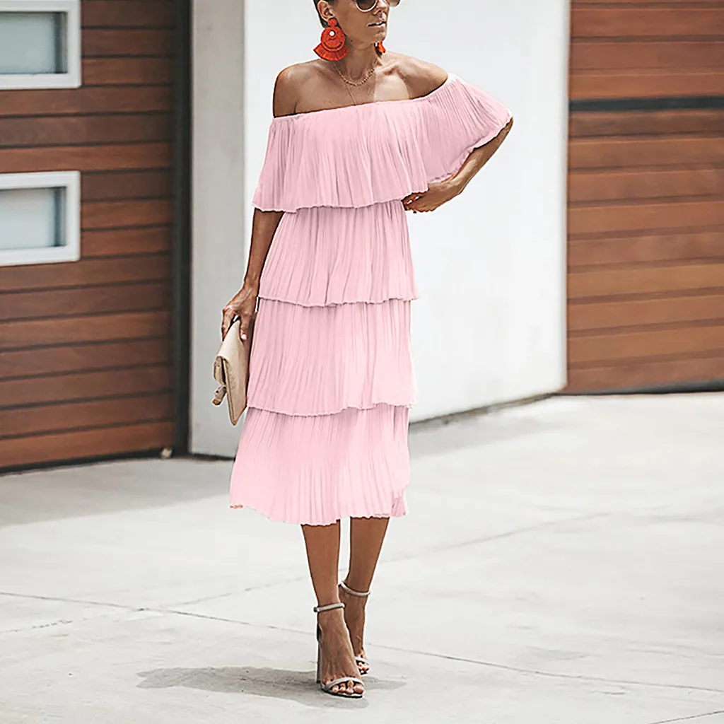 

Fashion Dress Women Chiffon Off Shoulder Ruffles Solid Evening Party Layered Dress High Waist Elegant Long Dress vestidos