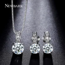 NEWBARK Round Bridal Jewelry Sets 4 Prongs Cubic Zirconia Earring And Necklace White Gold Plated Engagement For Women