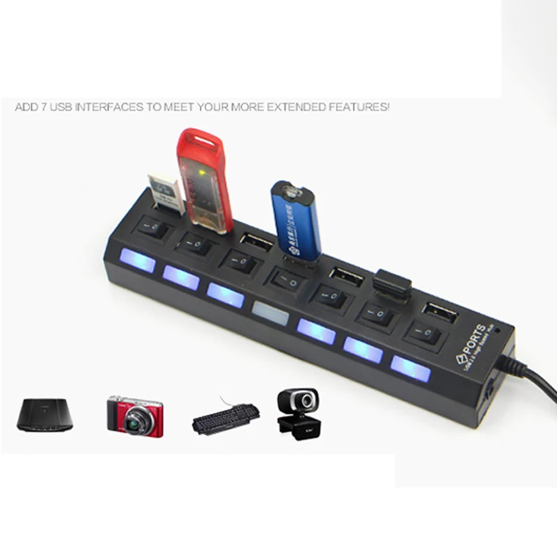 7 Ports High Speed USB Hub 480 Mbps USB 2.0 Hab On/Off Switch Hub USB Splitter For PC Laptop Computer Peripherals Accessories