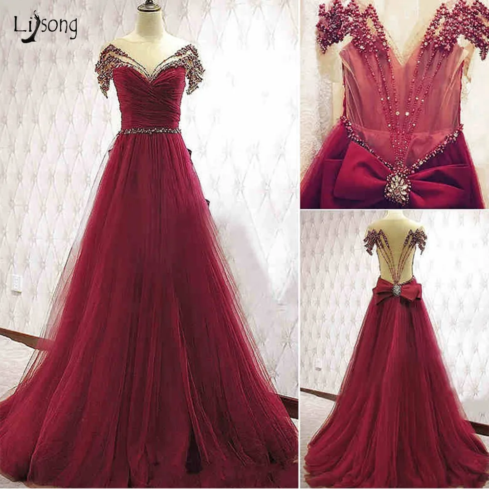 

Wine Red Pretty Pearls Evening Dresses Illusion Back Short Sleeves A-line Evening Gowns Crystal Tutu Formal Dress Abendkleider