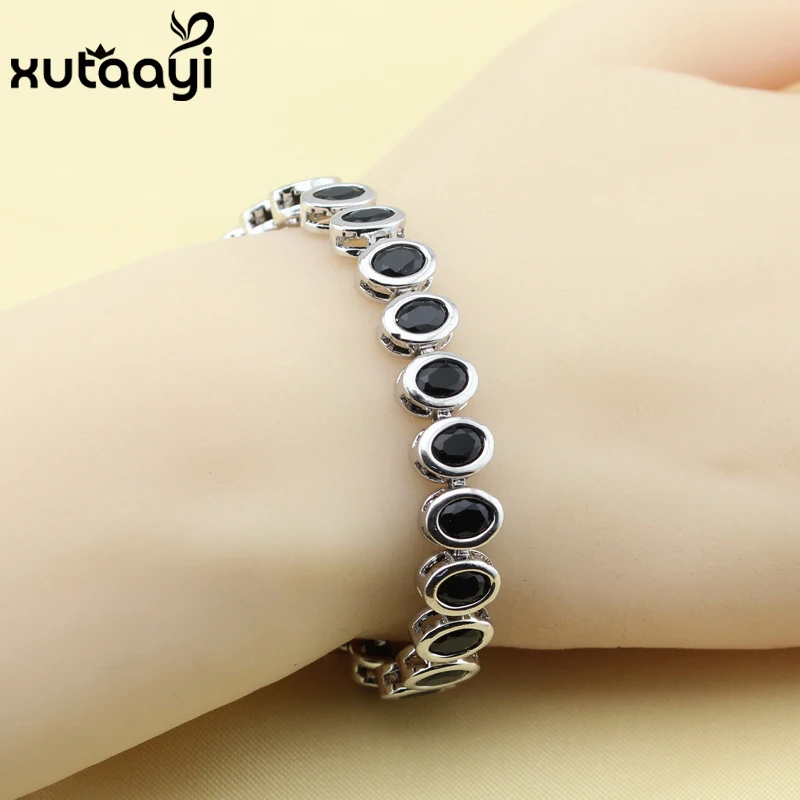 Fashion Jewelry Black Cubic Zirconia Sterling Silver Overlay Bracelet For Women Adjustable Link Chain Length 18+2cm | Украшения и