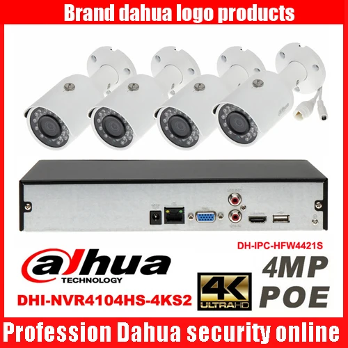 

Dahua mutil langugae 4K H.265 DHI-NVR4104HS-4KS2 home security camera kit with 4pcs bullet Waterproof camera DH-IPC-HFW4421S