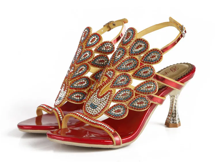 G-sparrow 2018 Summer New Korean Sexy Red Rhinestone Sandals Stiletto High Heel Diamonds Comfortable Womens Shoes Large Size10