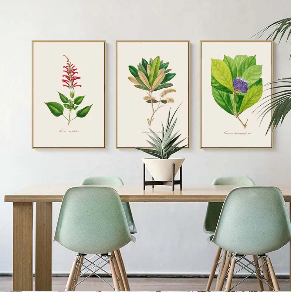 

Home Decoration Print Canvas Wall art poster oil unframde Drawings paintings Retro Green plant leaves Serise Three Purple flower