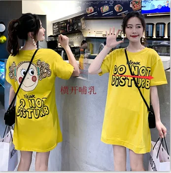 

New breastfeeding summer female Korean version of the loose large size short-sleeved nursing t-shirt skirt cartoon print dress