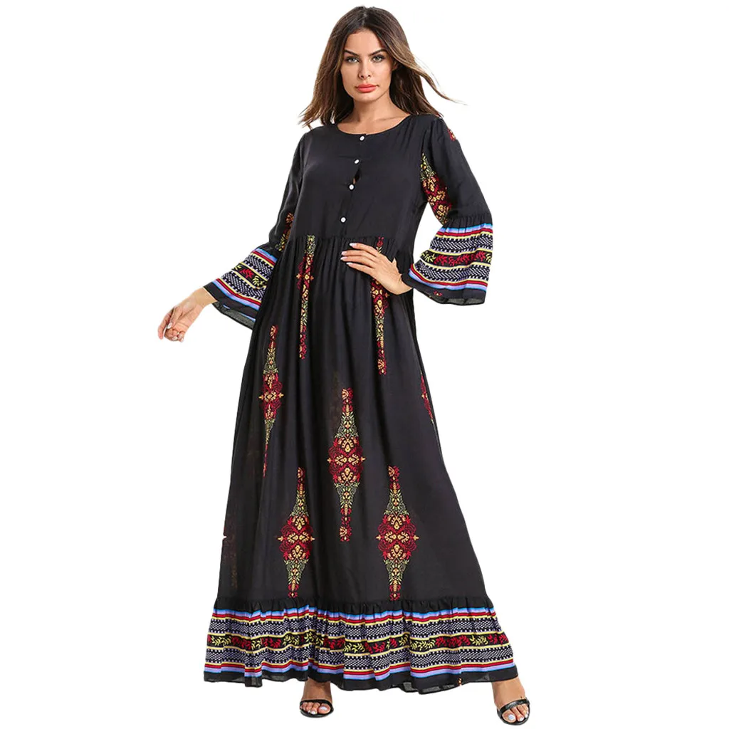 

ISHOWTIENDA Women Muslim Dress Floral Print Long Maxi Dress Abaya Jilbab Dubai Kaftan Robe Islamic Clothes Jilbab Femme Musulman