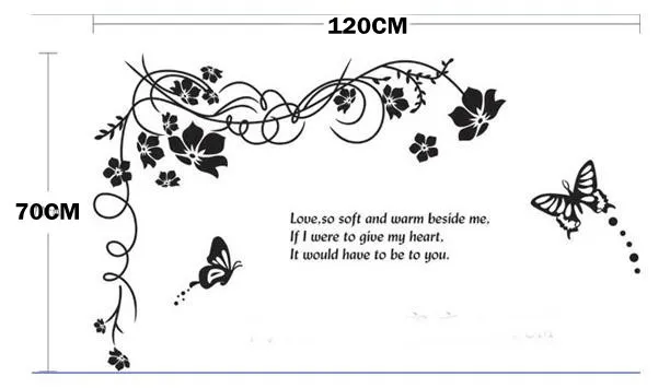 Большой стикер на стену черный цветок лоза Бабочка 47* 27IN съемные креативные наклейки