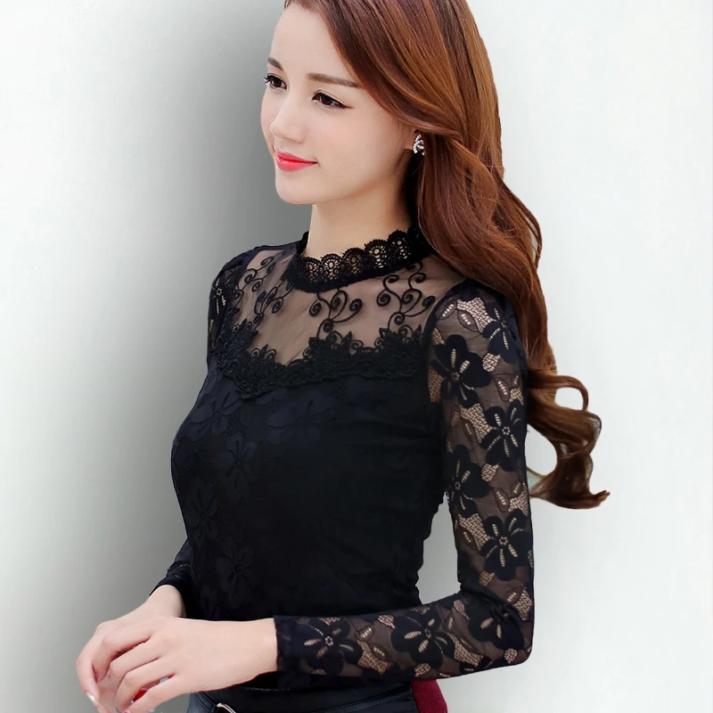 S 5XL Lace Blouse 2018 Women Blouses Shirts Elegant Black