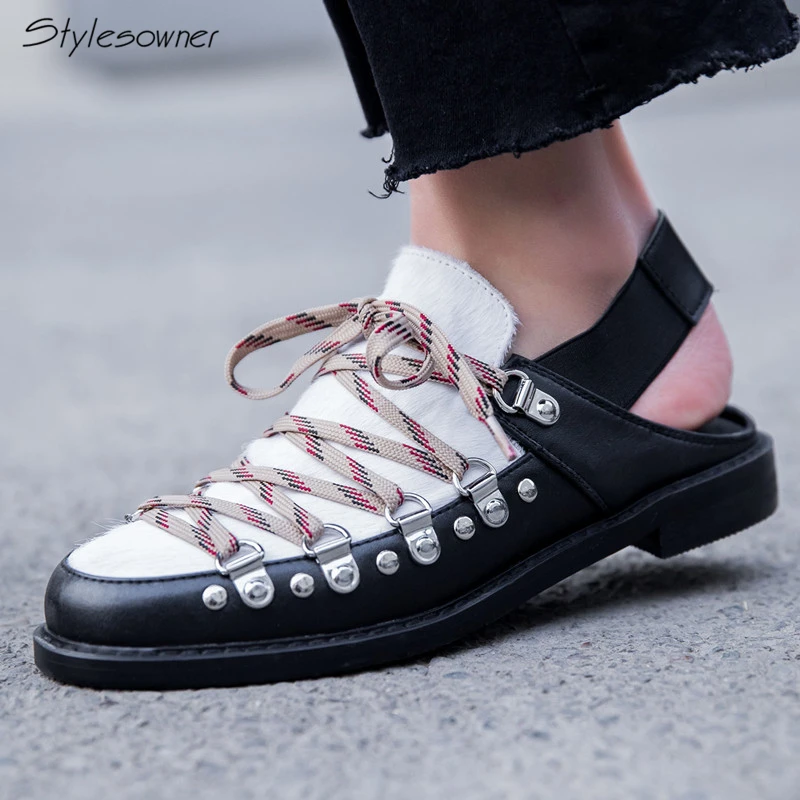 

Stylesowner New Fashion Lace Up Elastic StrapCasual Shoes Metal Rivets Flat Shoes Horse Hair Mixed Laces Shoes Women Casual Flat
